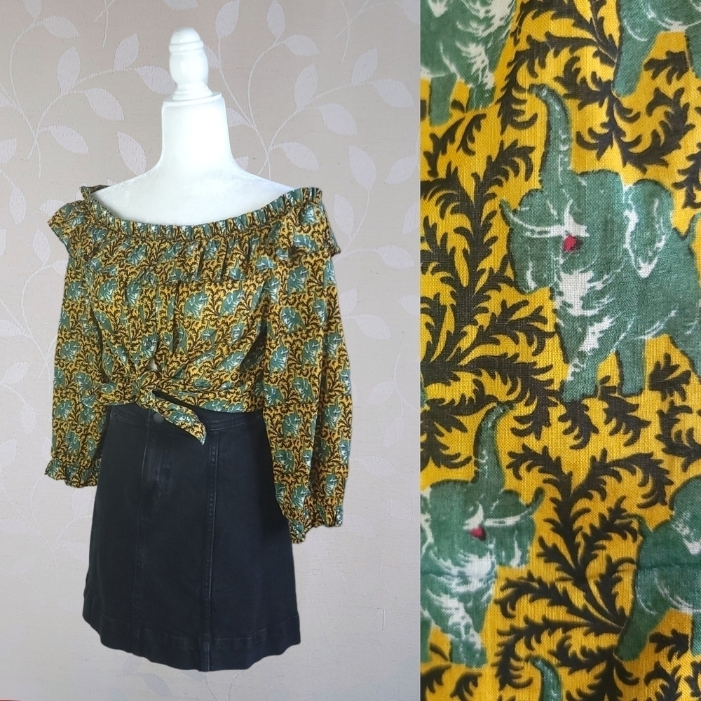 J. Crew Ratti Elephant Off Shoulder Top | Yellow Animal Print Boho 6